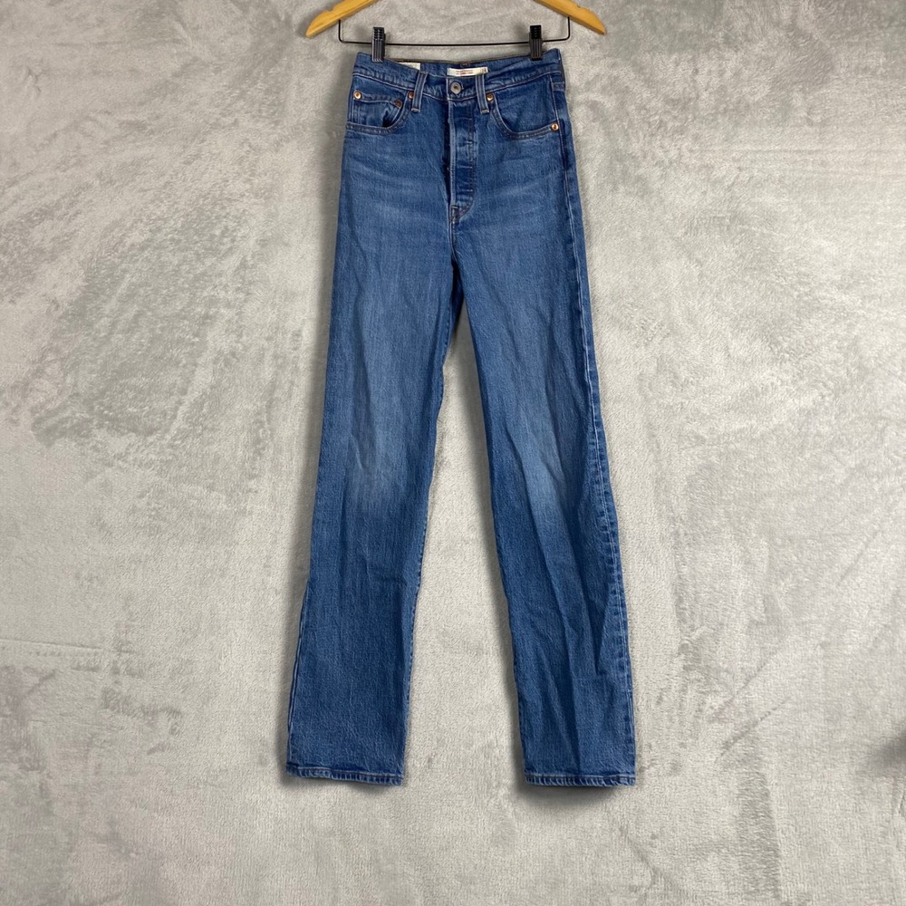 Levis Ribcage Straight Jeans 24 Medium‎ Wash Blue High Rise Denim 79078-0004